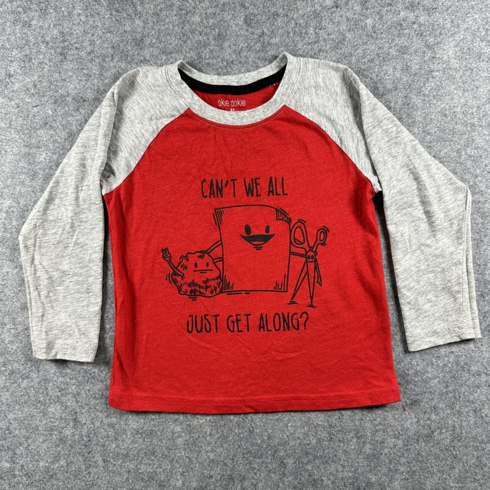 Okie Dokie Rock Paper Scissors Raglan Graphic Tee 3T‎ Red Grey Cotton Blend